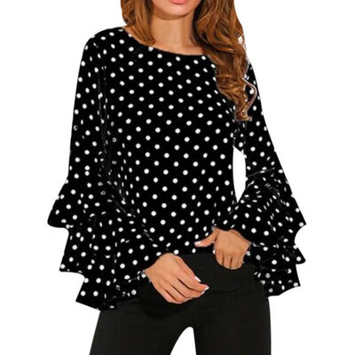 

Women Plus Size Flare Long Sleeve Blouses Tops Polka Dot Loose T-Shirts