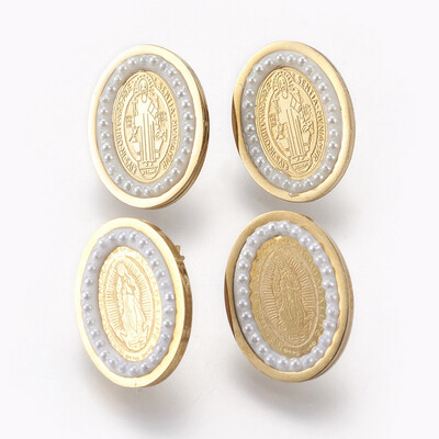 

304 Stainless Steel Stud Earrings with Polymer Clay Acrylic Imitation Pearl Oval Golden 205x155x25mm Pin 06mm