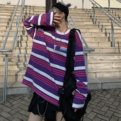

Plus Size Women Tshirt Autumn Loose Round Neck Summer Stripes Print Loose Long Sleeve Tee Tops Casual Simple Wild T-Shirt