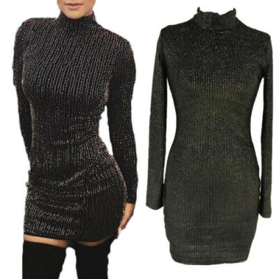 

US Women Winter Long Sleeve ONeck Sequin Sexy Sweater Knitwear Slim Mini Dress