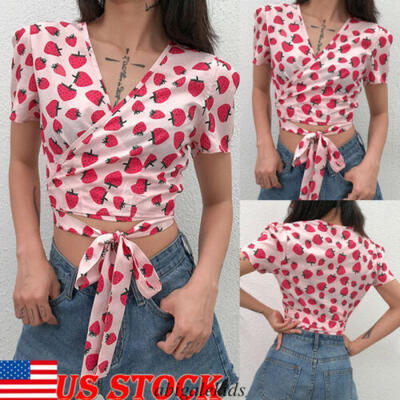 

Summer Womens Casual Tops Blouse Short Sleeve V Neck Floral Crop T-Shirt Ladies