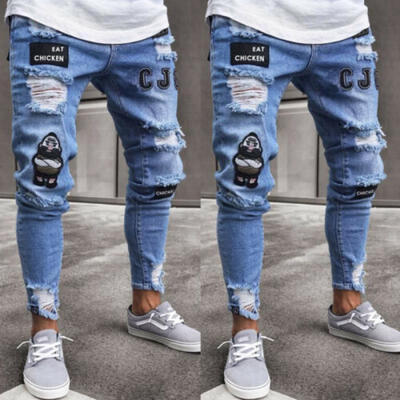 

Men Stretchy Ripped Jeans Skinny Biker Jeans Destroyed Taped Slim Fit Denim Pant