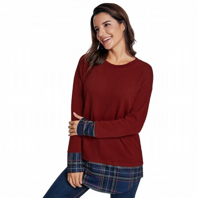 

Round neck long sleeve plaid stitching long loose womens T-shirt top