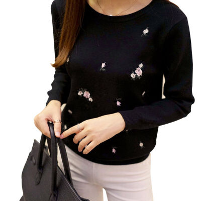 

Autumn Winter Women Fashion Slim Plum Embroidery Round neck Bottoming Sweater Long-sleeved Pullover