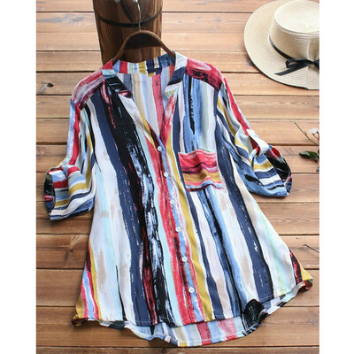 

Womens Summer Striped V Neck Blouses Loose Baggy Tops Tunic T Shirts Plus Size