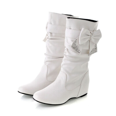 

IDIFU Womens Cute Bowknot Rhinestone Heighten Mid Calf Boots