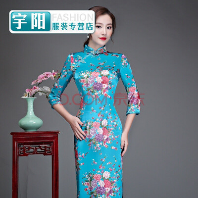 

Silk sleeves long cheongsam slim performance catwalk welcome ceremonial cheongsam dress large size retro