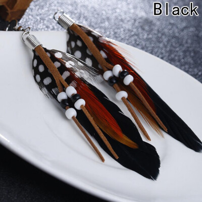 

2pair 10 Colors Beads Bohemian Wedding Statement Feather Hanging Earrings Fashion Jewelry Boho Long Dangle Earrings For Women