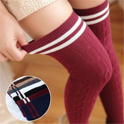 

Women Knit Cotton Over The Knee Long Socks Striped Thigh High Stocking Socks New