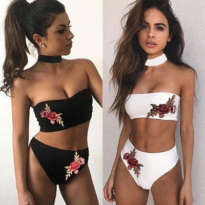

New Women&39s Vintage High Waist Flower Print Bandeau Swimsuit Swimwear Bikini Set
