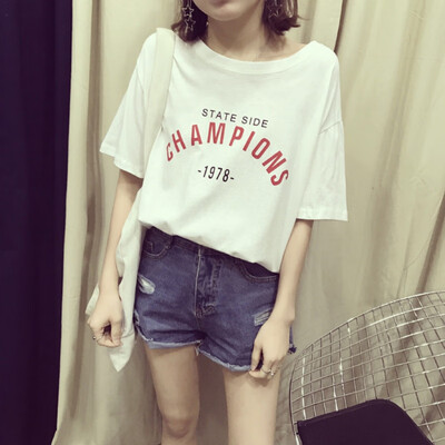 

Women Girls Casual Short Sleeve Letter Pattern Solid Color T-shirt Loose Big Size Tee-shirt