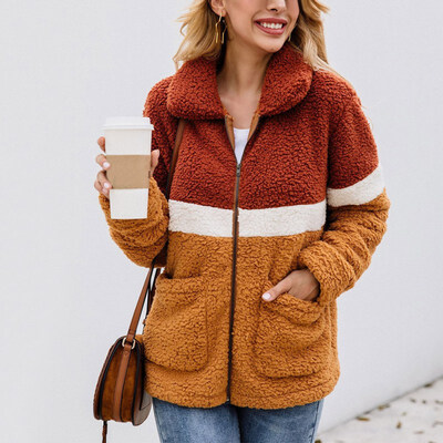 

Women Warm Faux Fur Coat Autumn Winter Zipper Coat Turn-down Collar Pocket Casual Outerwear Female Fashion Colorblock Overcoat