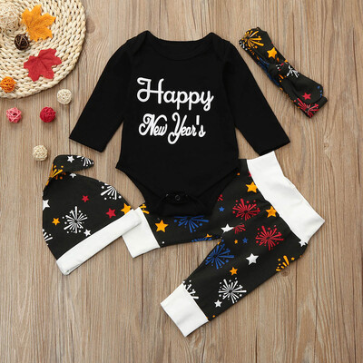 

Newborn Baby Girls Boys New Years Outfits Clothes RomperPantsHat Headband Set