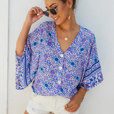 

Bohemian Shirt T-Shirt Loose Bat Half Sleeve Sexy V-neck Floral Print Ethnic Design Inspiration Vacation Wind Red Blue