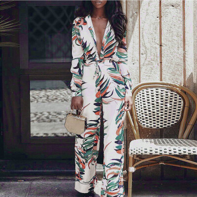 

Womens Sexy V-neck Long Sleeve Overall Trousers Wide Leg Printed Summer Jumpsuit