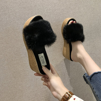 

Fashion high-heeled slippers female summer wear slope heel thick bottom drag rabbit Mao Mao slippers fairy wind