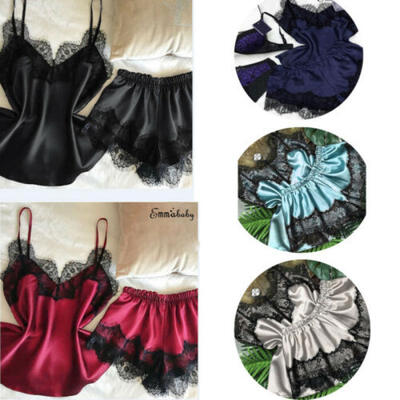 

Sexy Lingerie Set Women Nightwear Underwear Satin Silk Lace Tops Pants Sleepwear