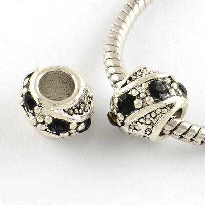 

Barrel Antique Silver Plated Metal Alloy Rhinestone European Beads Large Hole Beads Jet 1011x9mm Hole 5mm