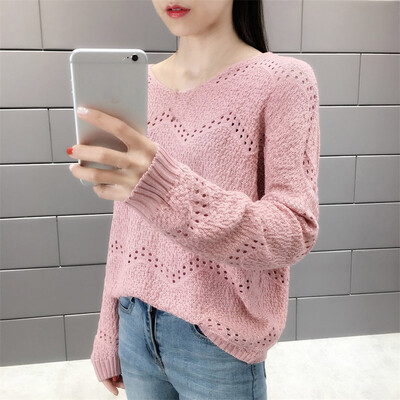 

Gobestart Women Casual Knitting V-Neck Tops Long Sleeve Bottoming Hollowed Out Sweater