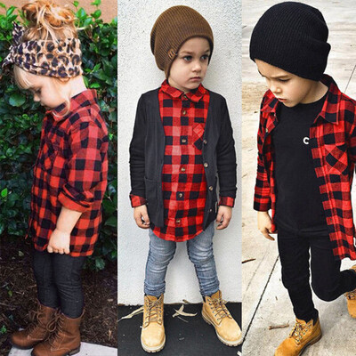 

Kids Boys Girls Long Sleeve Cotton T Shirt Checks Tops Blouse Clothes Outfits