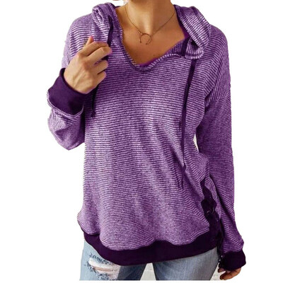 

Spring And Autumn Women Hooded Sweatshirt Solid Color Stripe Long Sleeve Pullover
