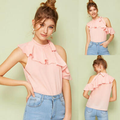 

AU Fashion Women Ruffle Chiffon Tops Summer Solid Vest Top Casual Blouse T-Shirt