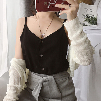 

Womens Simple Casual Fashion V-Neck Single Breasted Solid Camisole Brand New And High Quality