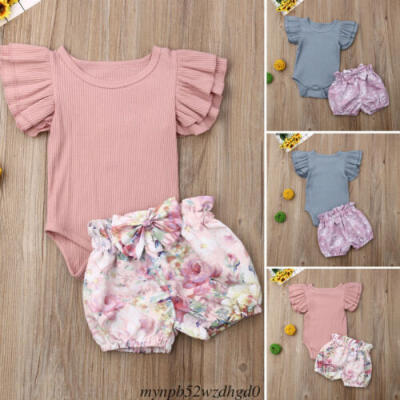 

UK Newborn Kid Baby Girl Infant Cotton 2pcs Clothes Romper Tops Pants Outfit Set