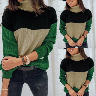 

Womens Lady Long Sleeve Sweater Jumper Turtleneck Winter Warm Patchwork Knitwear