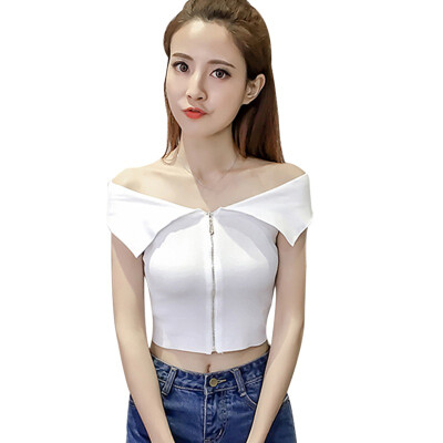 

New Summer Sexy Off Shoulder T Shirt Tops For Women Casual Sleeveless Short T-shirts Korean Fashion Zipper Cropped Tops