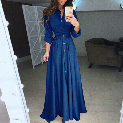 

Women Boho Long Sleeve Button Dowm Maxi Dress Evening Party Beach Bodycon Casual Shirt Dress