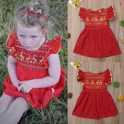 

Toddler Baby Girls Christmas Party Dress Ruffle Sleeve Ball Gown Pleated Red Dresses Kids Clothes