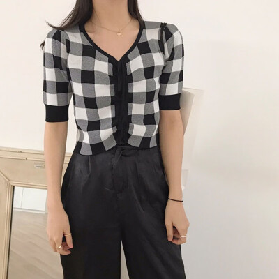 

Ladies Summer Vintage Pleated Drawstring Collar Exposure Belly Contrast Plaid Short Sleeve Sweater Top