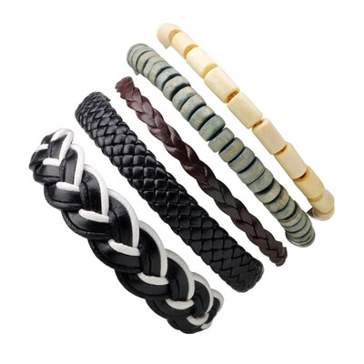 

Alloy Manual Cowhide Leather Wood Beads Weaving Ribbing Bracelet Multiple Roots Combination Suit Unisex Pair Jewellery