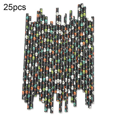 

25Pcs Halloween Pumpkin Ghost Skull Print Disposable Paper Drinking Straw Decor