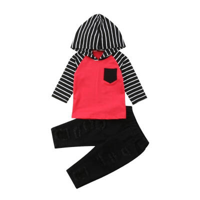 

Newborn Kids Baby Boy Stripe Hooded Tops Denim Pants Leggings Set Outfit Clothes