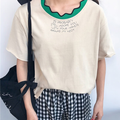 

Summer Tops Womens Harajuku Style Lace Round Neck Letter Print Short Sleeve Loose Pullover T-Shirt camisetas verano mujer