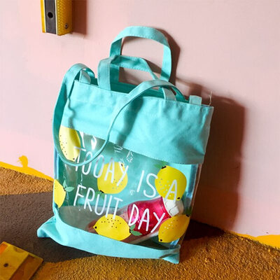 

Women Fashion Transparent Fresh Party Tote Bags Canvas Patchwork Large Capacity Shoulder Bag Summer Style Reusable Shopping Bag