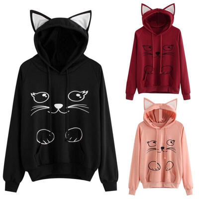 

Women Cat Hoodie Long Sleeve Sweatshirt Jumper Sweater Hooded Pullover Tops