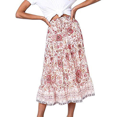 

Roseonmyhand Womens Boho Floral Print Elastic High Waist Pleated A Line Midi Skirt