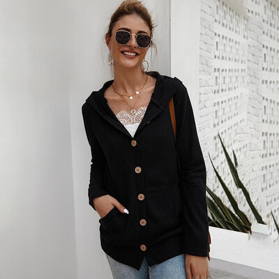 

Women Hooded Cardigan Coat Waffle Buttoned Long Sleeves Solid Spring Autumn Solid Vintage Casual Coat