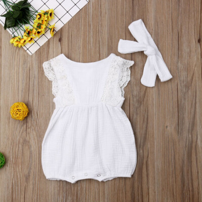 

Infant Kids Baby Girl Lace Ruffled Romper Bodysuit Hair Band Outfit Summer