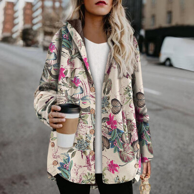 

Toponeto Women Vintage Leaves Floral Printed Pockets Button Hooded Coats Outwear