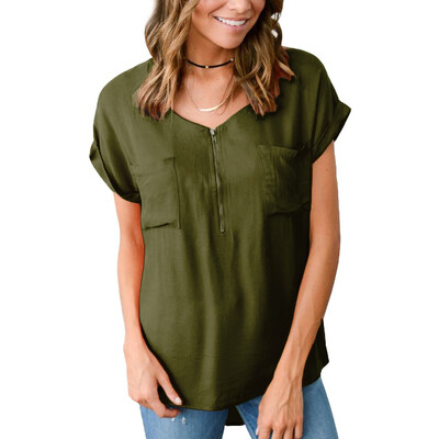 

Starmoon Womens Casual Zipper Stitching Solid Short Sleeve V Neck T-Shirt Tops Blouse