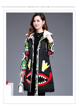 

Printed long style cotton-padded jacket women 2018 winter new Korean fashion young&middle-aged hat down padded jacket