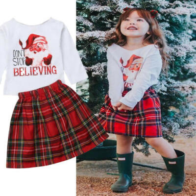 

2PCS Infant Baby Girl Kids Xmas Santa T-shirt TopSkirt Outfit Dress Clothes Set