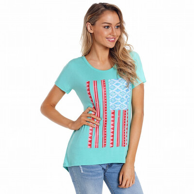 

Round neck short sleeve graphic casual blouse