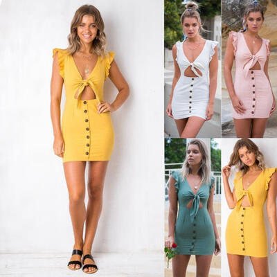 

Women Tie Front Bodycon Sleeveless Evening Party Cocktail Short Mini Dress
