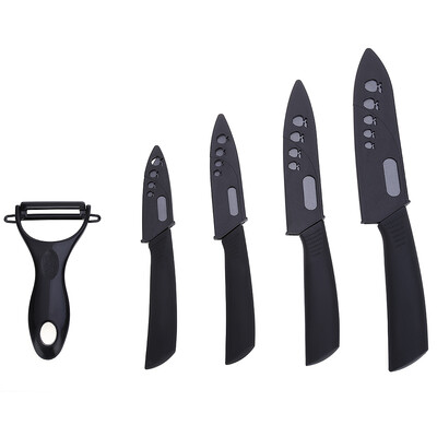

5 in 1 Kitchen Fruit Vegetable Paring Tool Set Black Blade Nonslip Handle Ceramic Knives with Peeler
