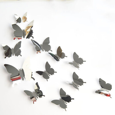 

〖Follure〗12PCS Butterfly Silver Mirror Decoration Home Room Art 3D DIY Wall Stickers